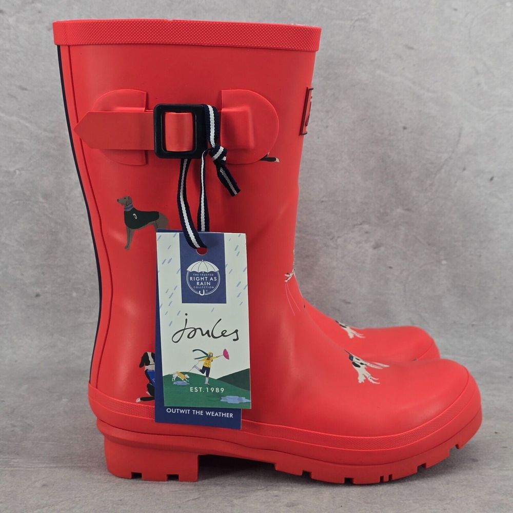 New Joules Rain Boots Mid Calf Molly Welly Print Hike Dogs Red Size US: 5 UK: 3 - Picture 3 of 12